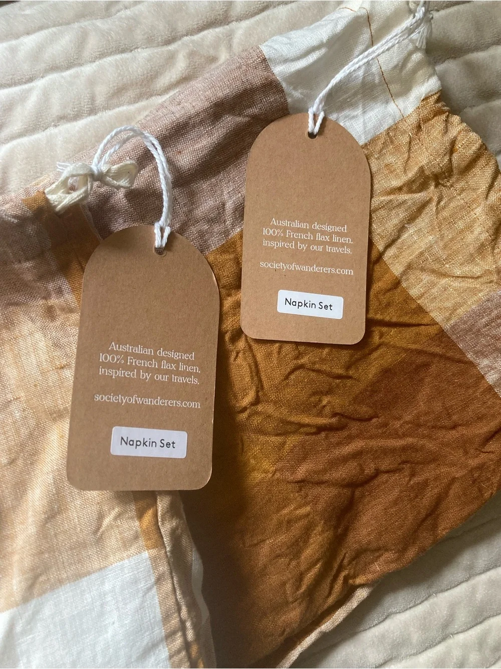 Society of Wanderers Linen Napkins, Set of 4 Biscuit Check two sets of 4